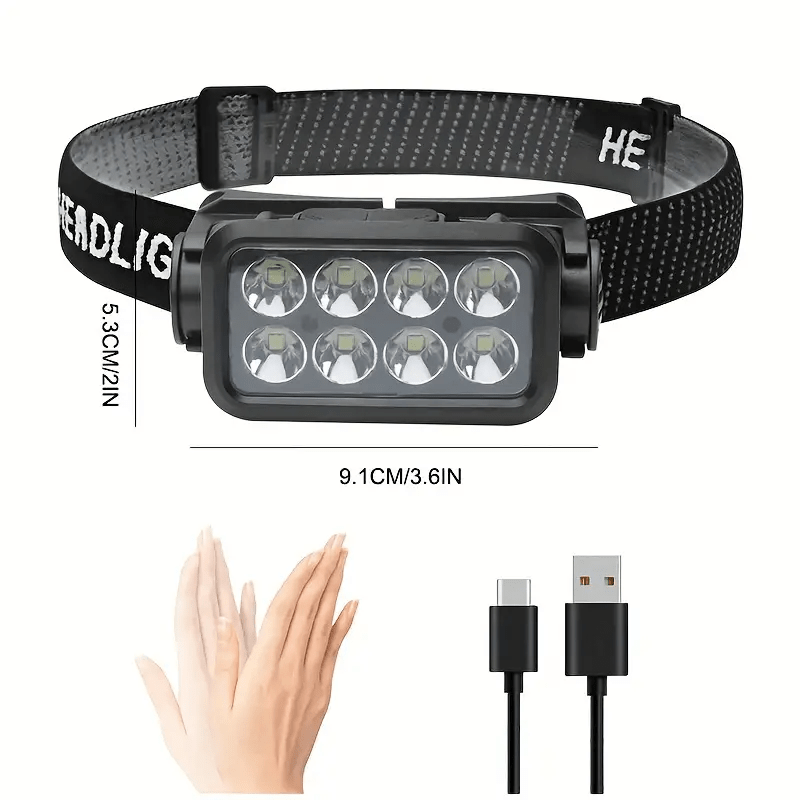 Black rechargeable LED headlamp with wave sensor and detachable light fixture on adjustable head strap — view 4