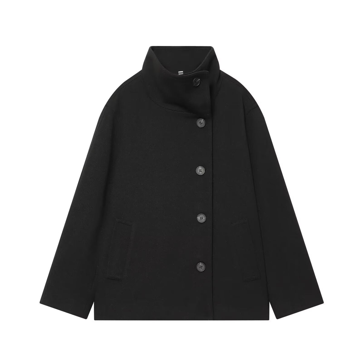 Women's Jacket Black Wool Blend High Collar BYMANYC ® New York SOHO ASYMMETRIC SHORT COAT - New Collection-1