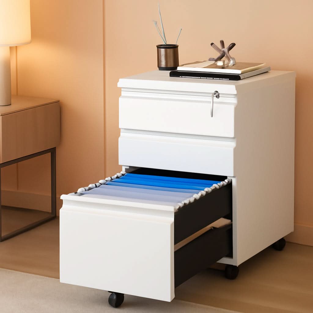 White 3-drawer mobile filing cabinet in solid steel with caster wheels