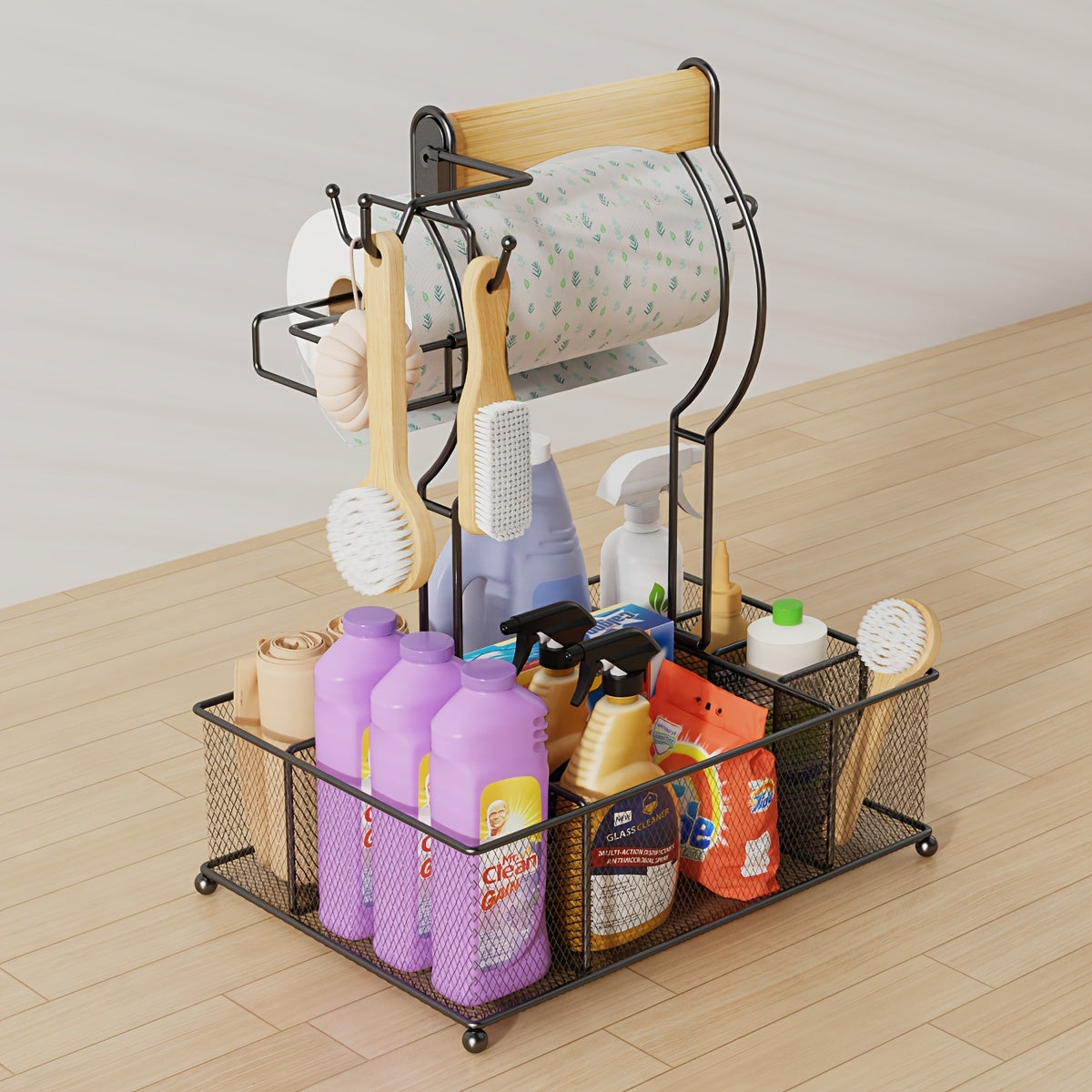 Black metal grill caddy organizer with condiment compartments and a built-in paper towel holder — view 2