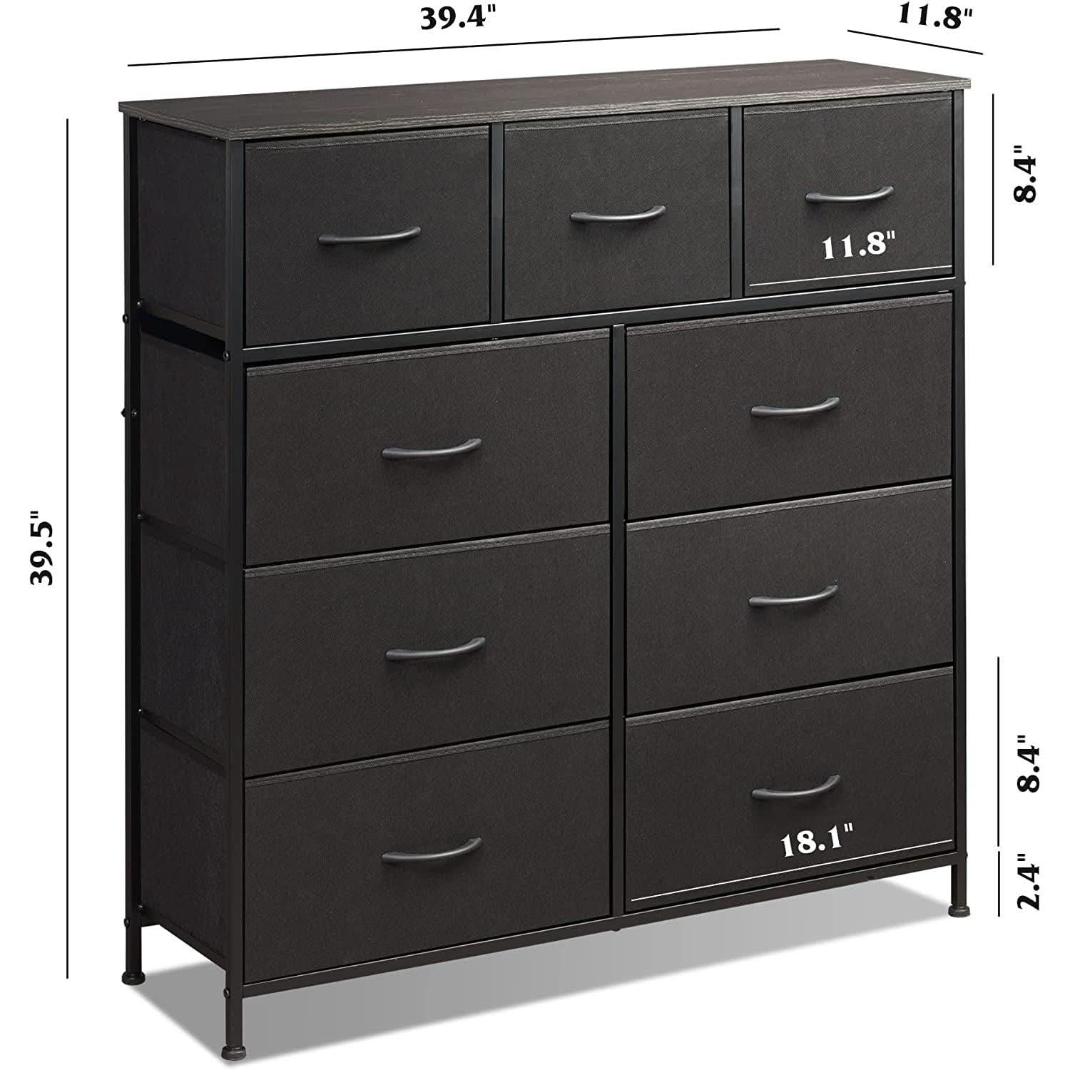 Charcoal black 9-drawer fabric storage tower with steel frame and water-resistant wood top — view 4
