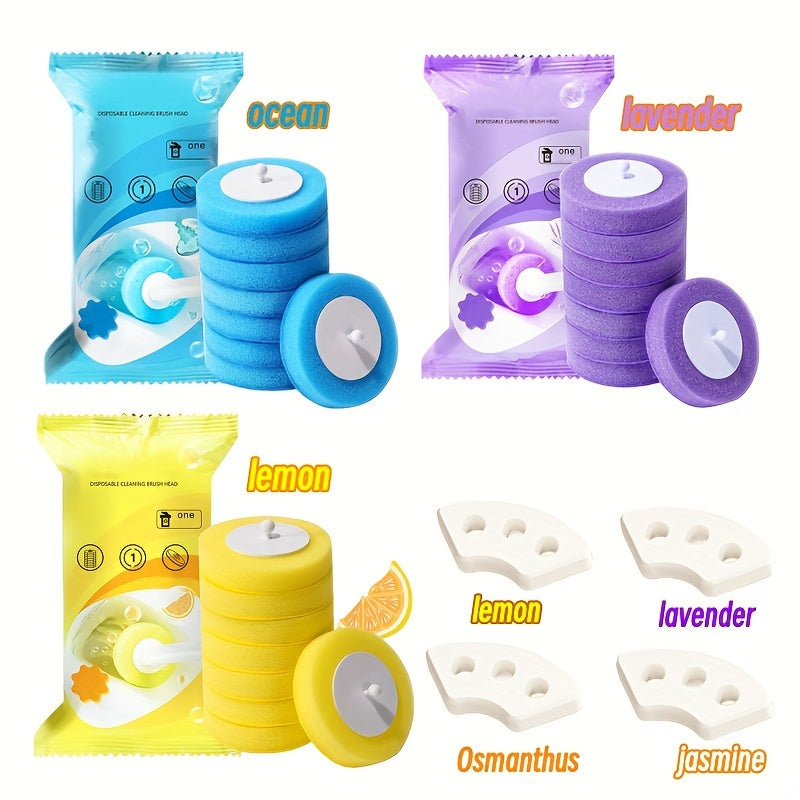 Wall-mounted plastic disposable toilet brush set with ten white replacement cleaning heads — view 3