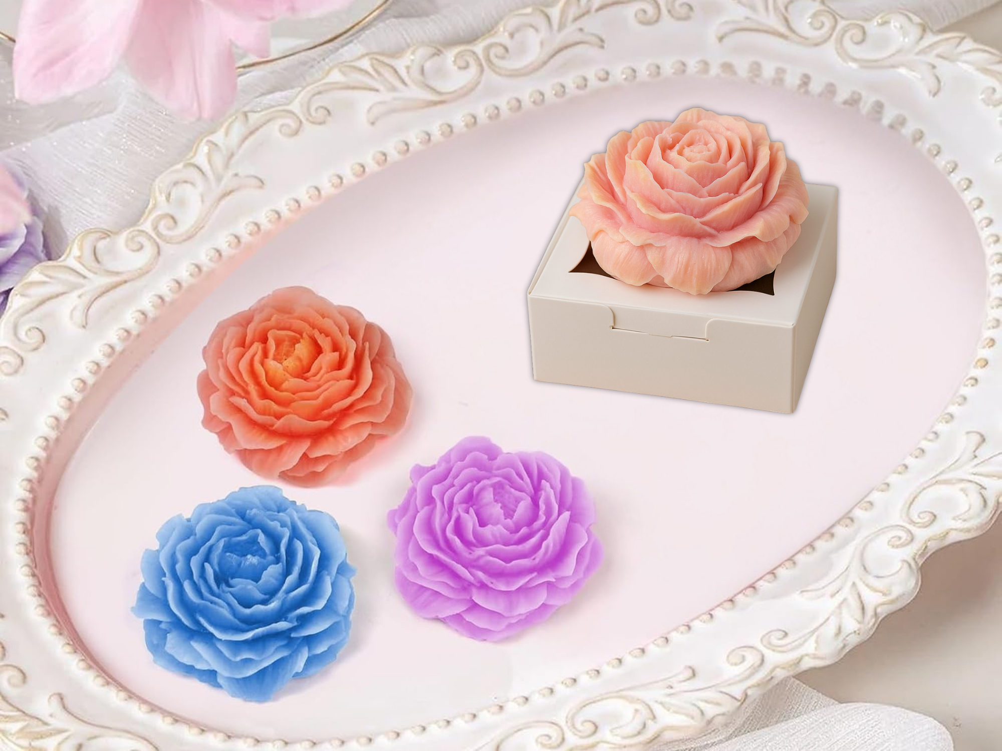 Handcrafted scented wax flower freshener sachet packaged in an elegant gift box with an organza bag — view 4