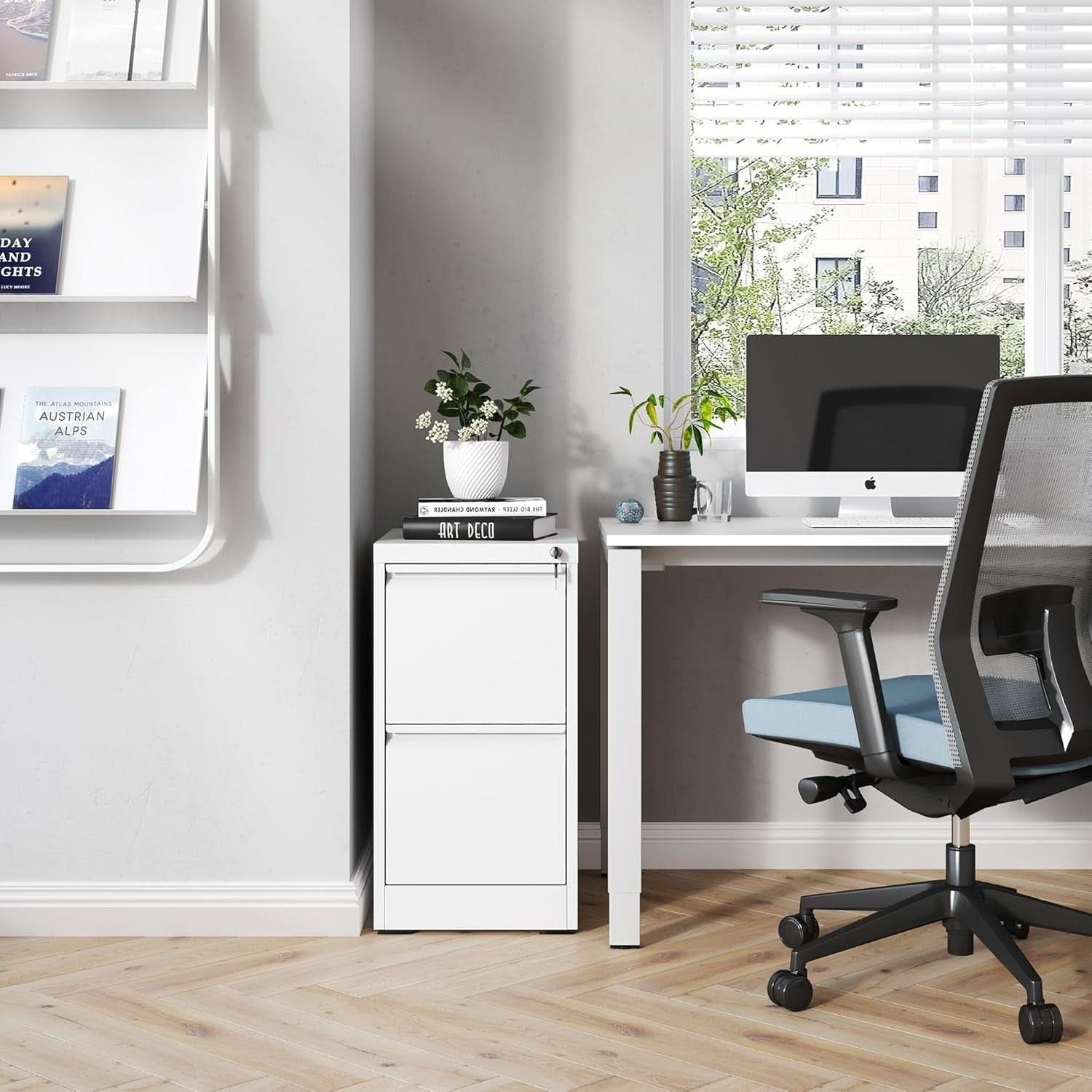 White 2-drawer metal vertical file cabinet with secure lock for home office document storage — view 2