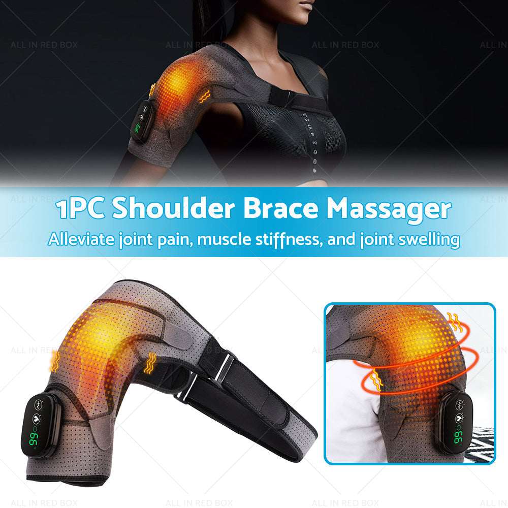Rechargeable heated shoulder brace massager compression wrap in grey and black with intelligent control panel — view 2
