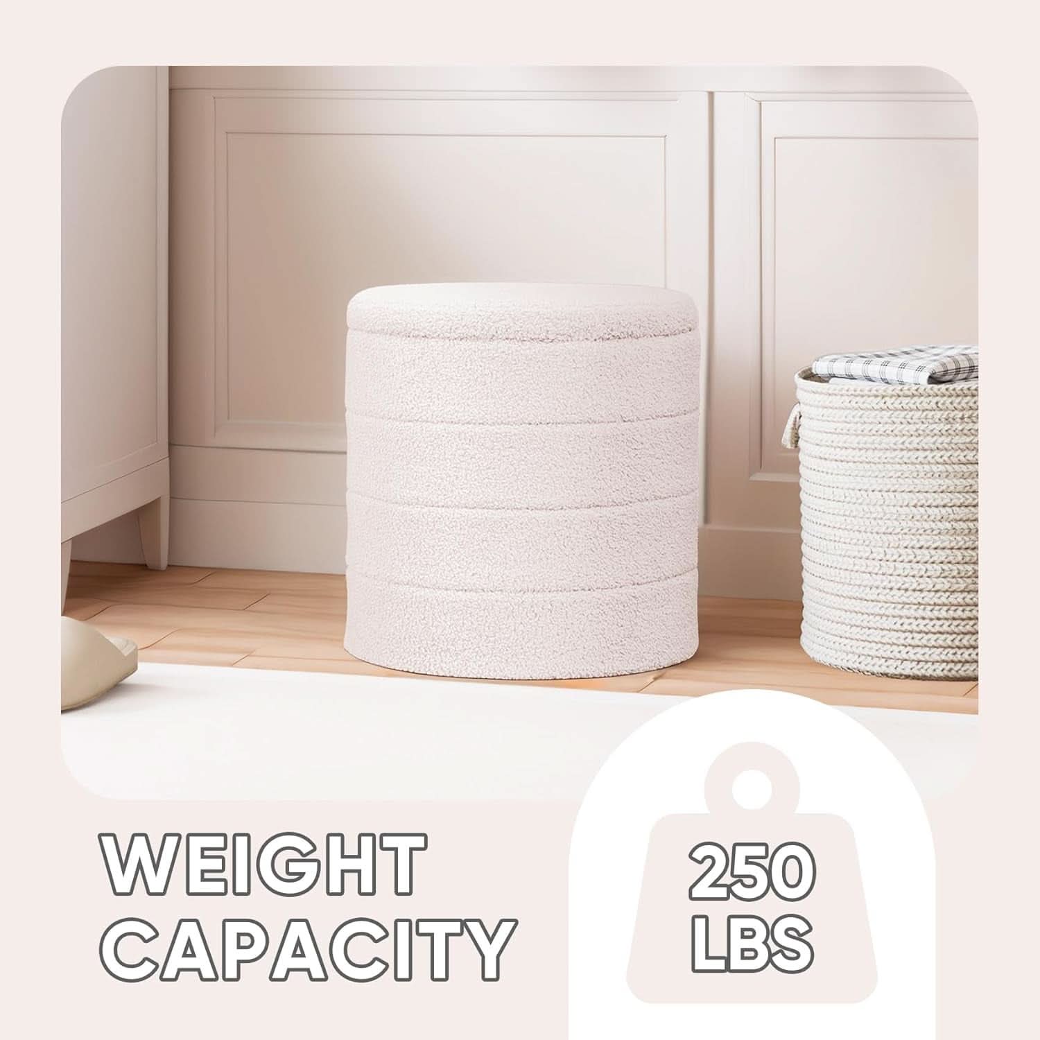 Round white velvet storage ottoman with flippable wooden tray top used as a coffee table — view 4