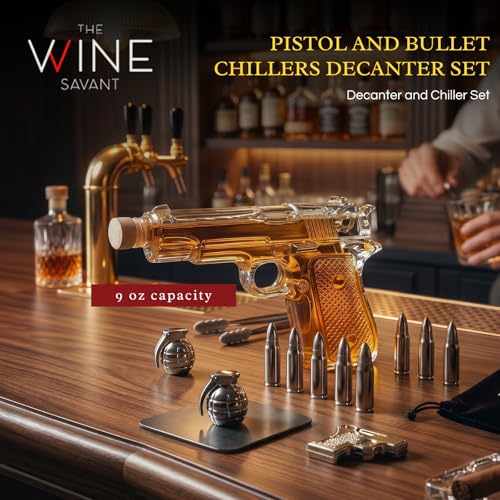 Large glass pistol whiskey decanter with stainless steel bullet stones and wooden army storage crate — view 2