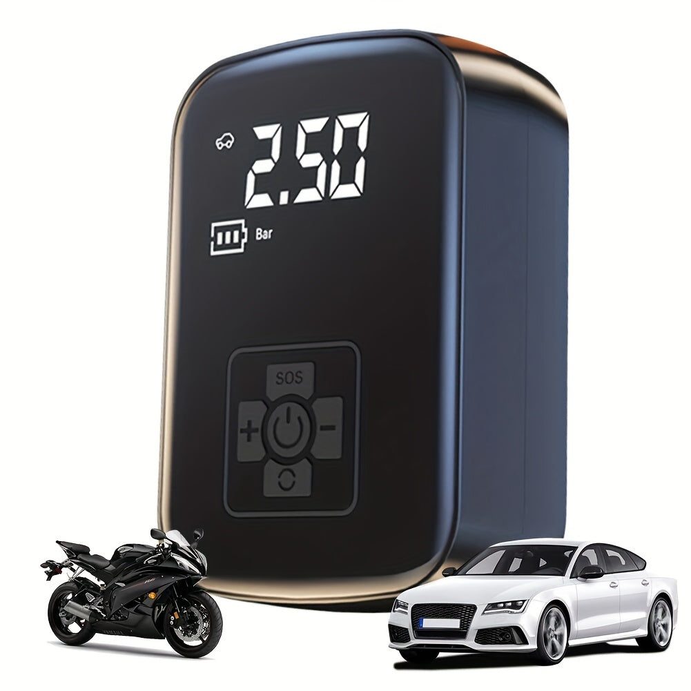 Portable cordless tire inflator device with digital display, buttons, and flexible air hose.
