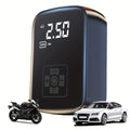 Portable cordless tire inflator device with digital display, buttons, and flexible air hose.