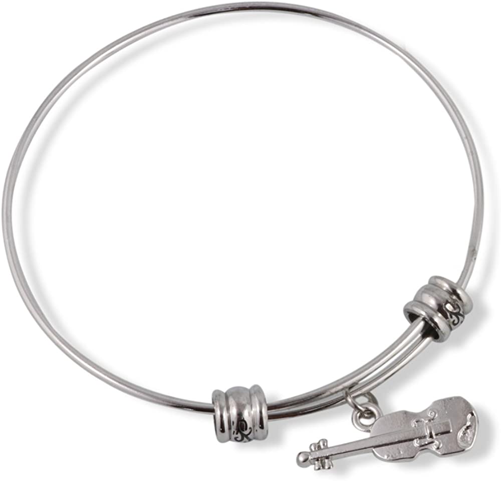 Silver stainless steel violin charm bracelet with adjustable bangle and scrolled wrist protectors