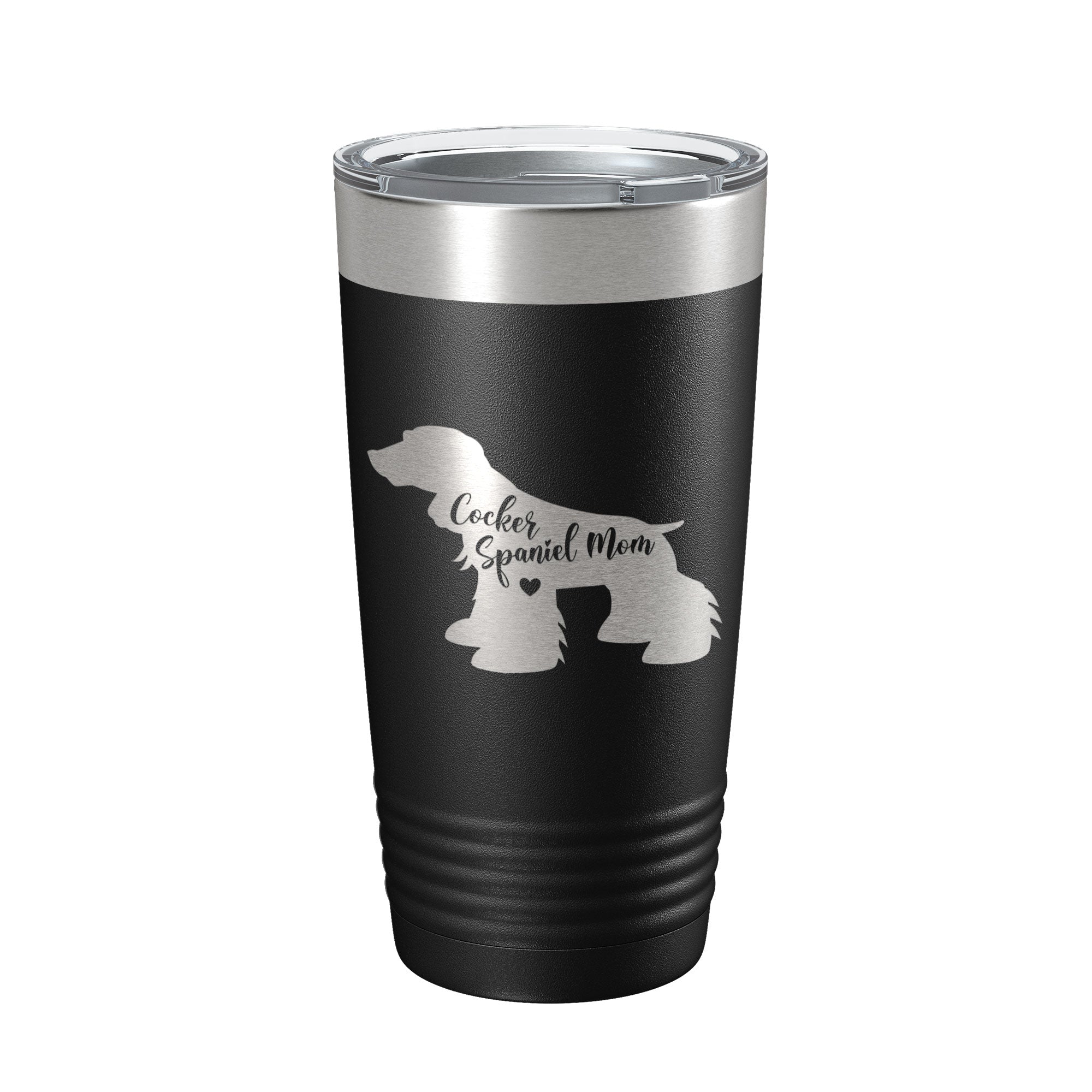 20 oz insulated stainless steel travel tumbler featuring a laser engraved Cocker Spaniel mom design.