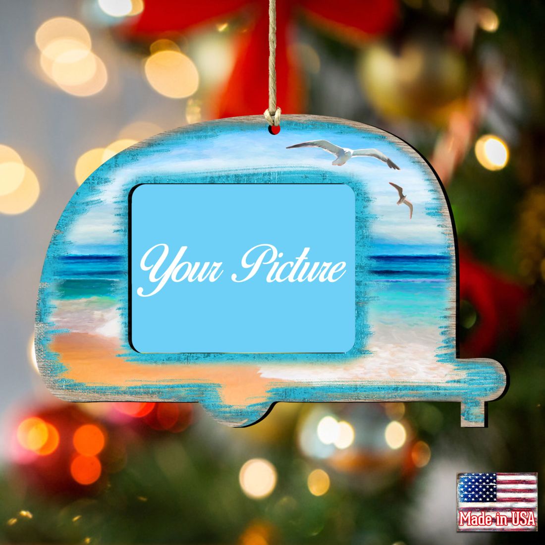 Handcrafted wooden coastal camper picture frame ornament holding a photograph for holiday tree decoration — view 3