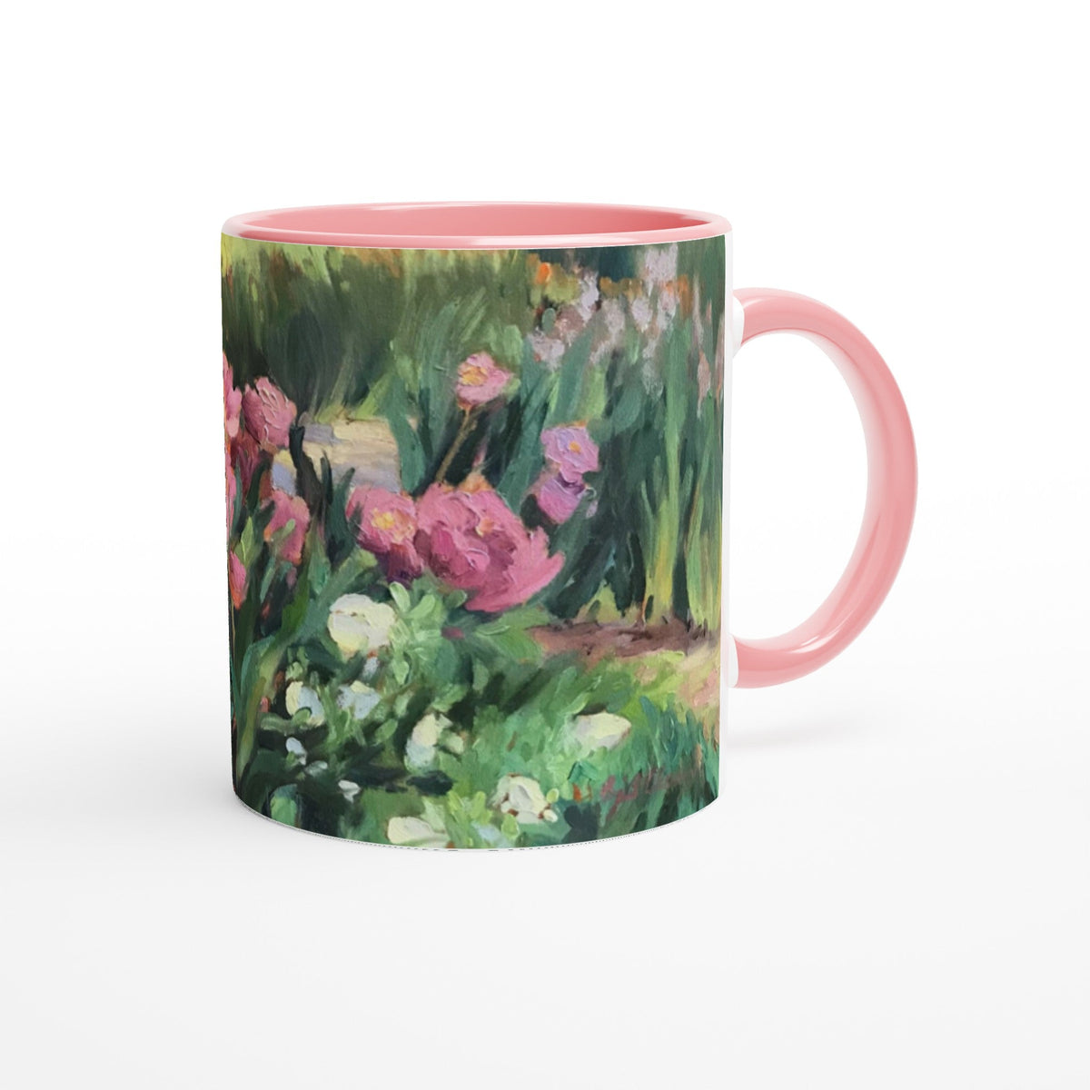 11oz White Ceramic Mug with Color Inside | Coffee Cup with 'Garden Peonies' Floral Artwork by American Artist Barbara Cleary-4