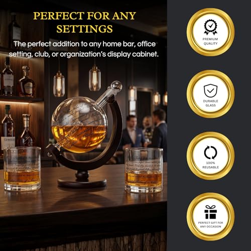 Lady justice whiskey decanter set with two glasses, etched US constitution text on clear glass — view 4