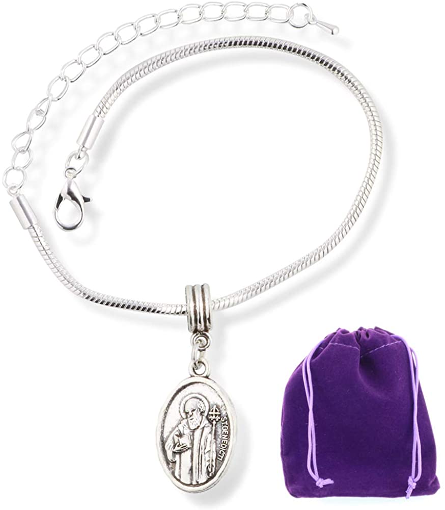 St. Benedict silver plated medal charm on a delicate snake chain bracelet for men and women