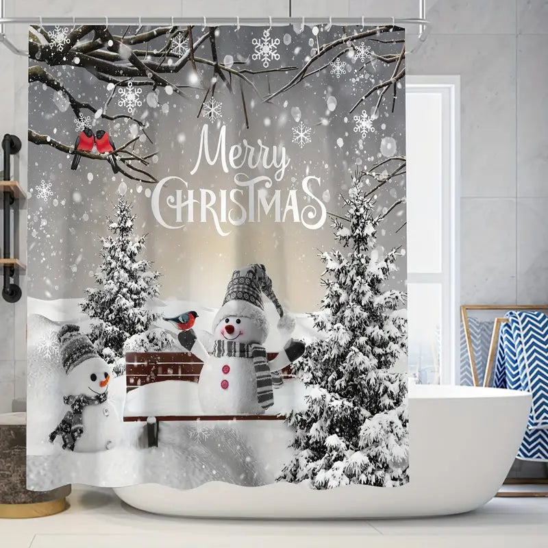 4-piece Christmas snowman shower curtain set with bath mat, U-shape rug, and toilet lid cover. — view 5