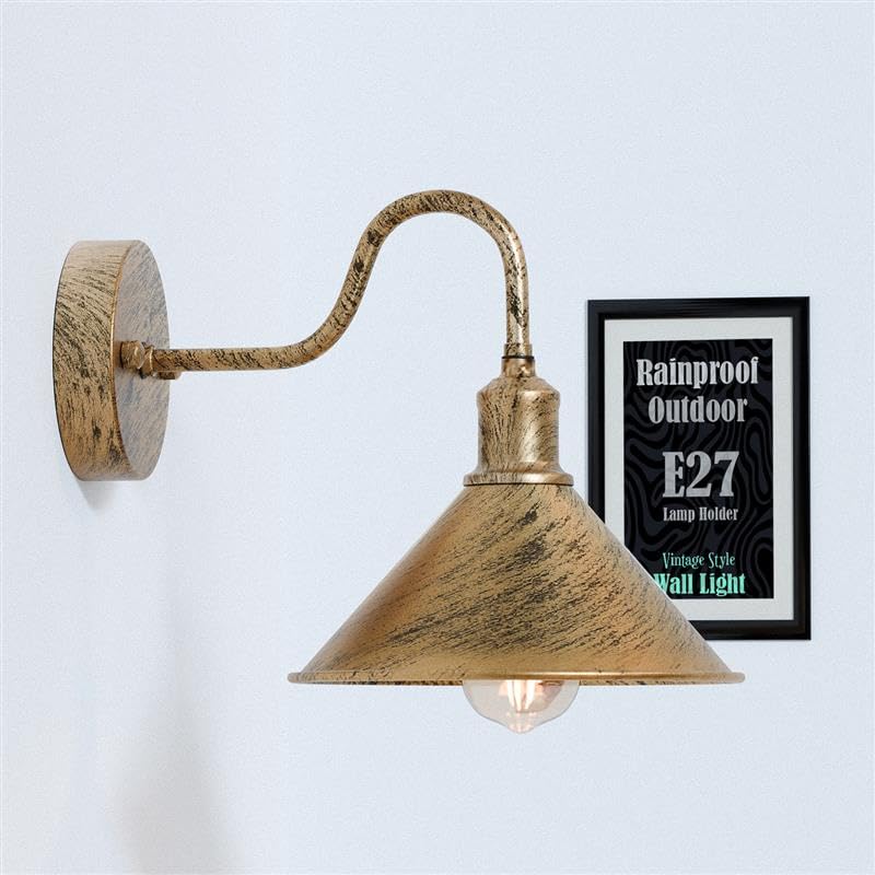 Vintage swan neck galvanized outdoor wall light with cone shade and gooseneck arm — view 3