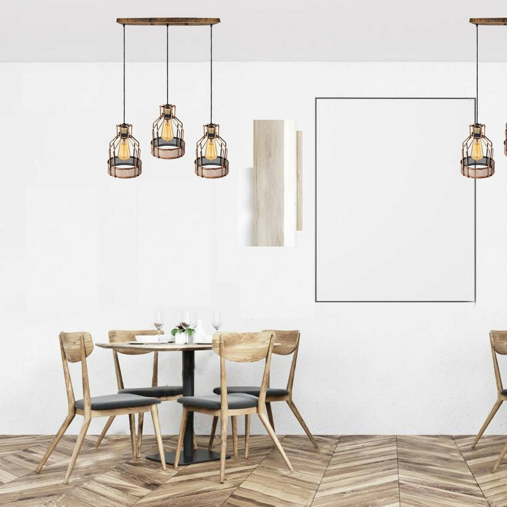 Vintage three head birdcage pendant light in brushed copper finish with hanging cables — view 5