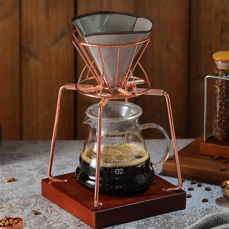 Cold coffee pour over kit featuring stainless steel stand, solid wood base, and glass dripper — view 2