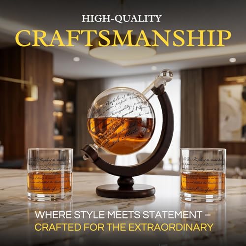 Lady justice whiskey decanter set with two glasses, etched US constitution text on clear glass — view 5