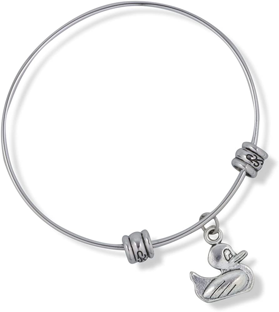 Stainless steel adjustable bangle bracelet featuring a cute rubber ducky charm for everyday fun style