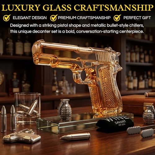 Large glass pistol whiskey decanter with stainless steel bullet stones and wooden army storage crate — view 3