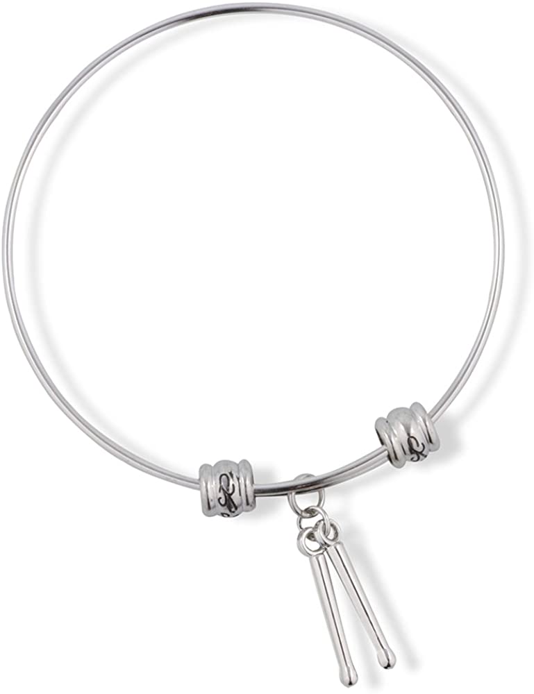 Silver tone stainless steel charm bangle featuring a detailed miniature drumstick pendant.