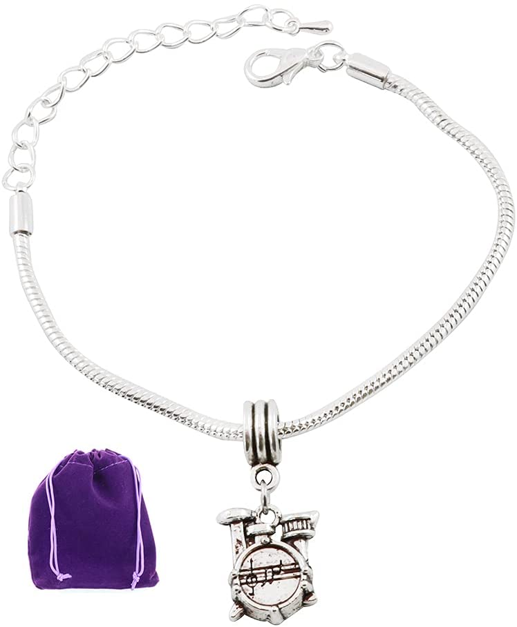 Silver plated drum set charm bracelet with adjustable snake chain and scrolled wrist protector.
