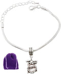Silver plated drum set charm bracelet with adjustable snake chain and scrolled wrist protector.