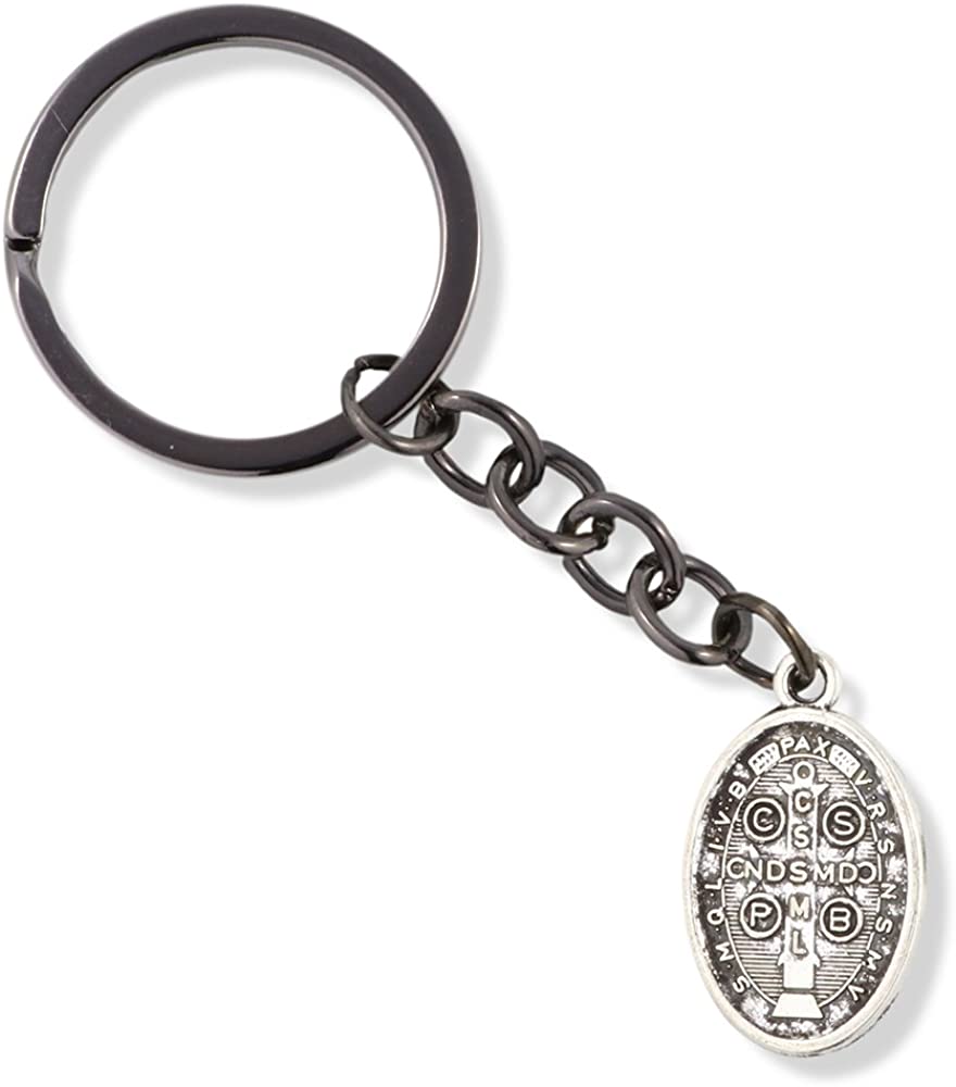 Silver St. Benedict medal Catholic keychain with snake chain attached to a metal ring — view 2