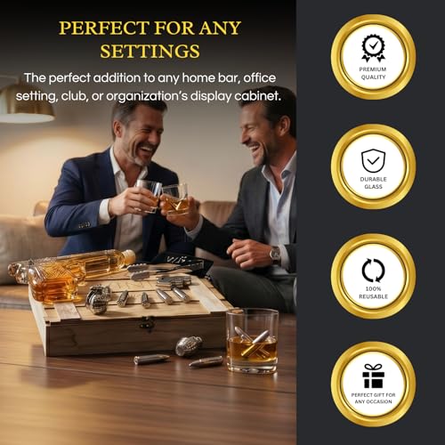 Large glass pistol whiskey decanter with stainless steel bullet stones and wooden army storage crate — view 4