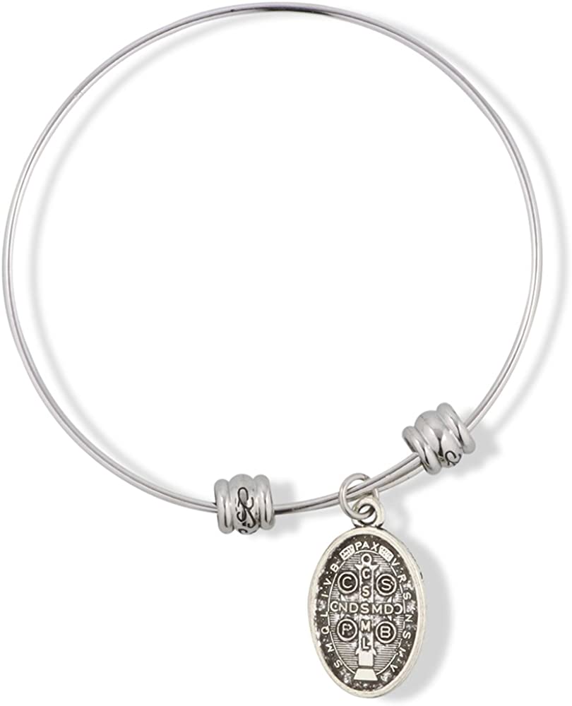 Stainless steel Saint Benedict medal snake chain charm bracelet on a neutral background — view 2