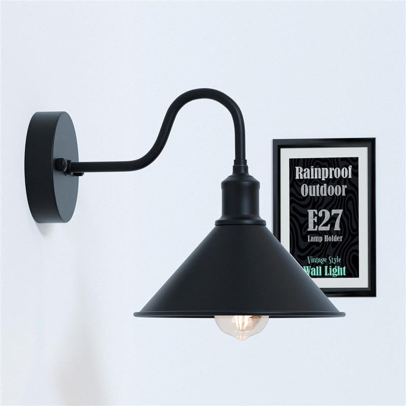 Vintage swan neck galvanized outdoor wall light with cone shade and gooseneck arm — view 2