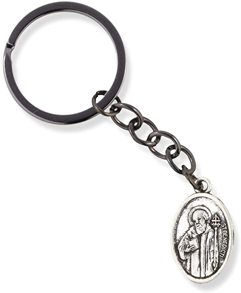 Silver St. Benedict medal Catholic keychain with snake chain attached to a metal ring