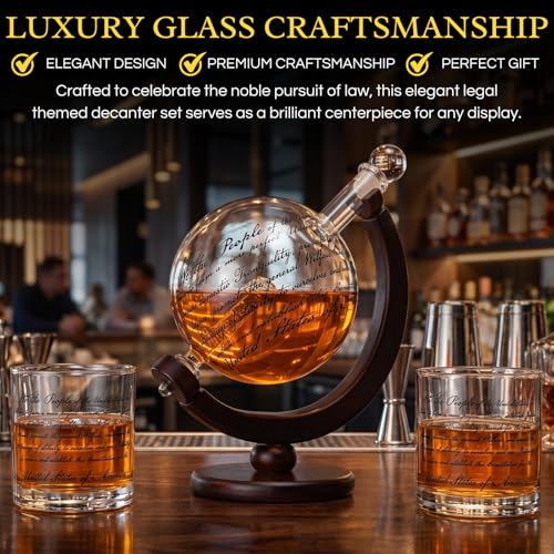 Lady justice whiskey decanter set with two glasses, etched US constitution text on clear glass — view 3