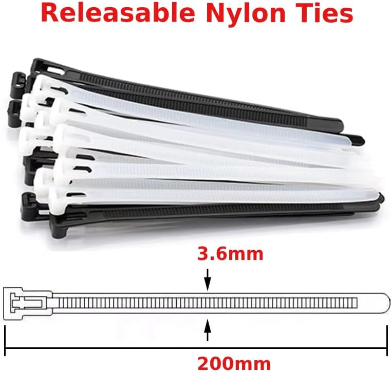 Pack of 100 heavy duty reusable nylon cable ties in black and white for wire management — view 2