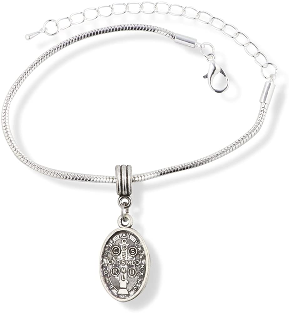 St. Benedict silver plated medal charm on a delicate snake chain bracelet for men and women — view 2