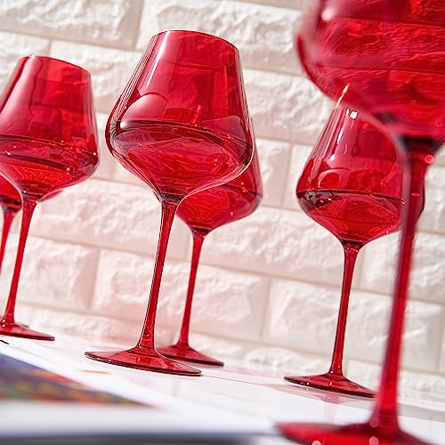 Set of six large bright red crystal wine glasses with tall stems and wide bowls — view 4