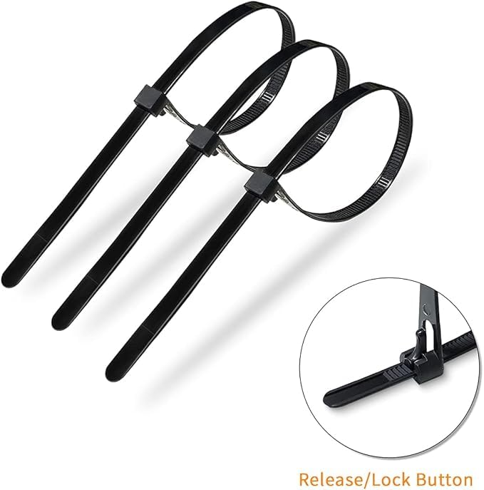 Pack of 100 heavy duty reusable nylon cable ties in black and white for wire management — view 5