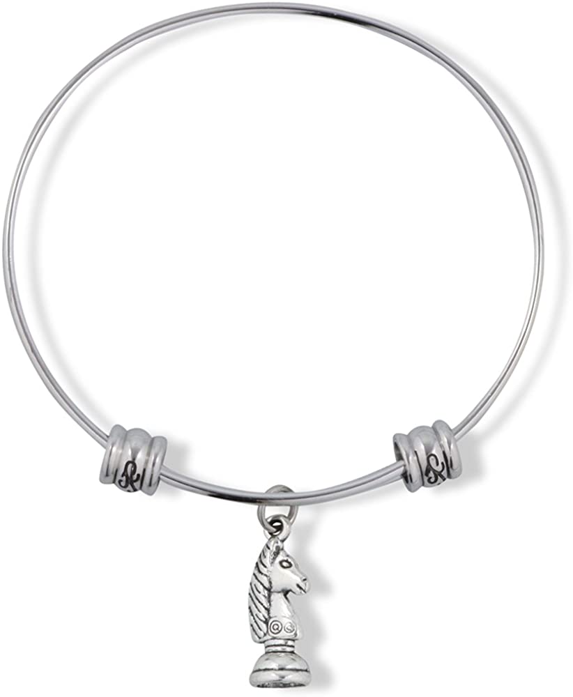 Knight chess charm bracelet in polished stainless steel featuring an adjustable silver tone metallic bangle.