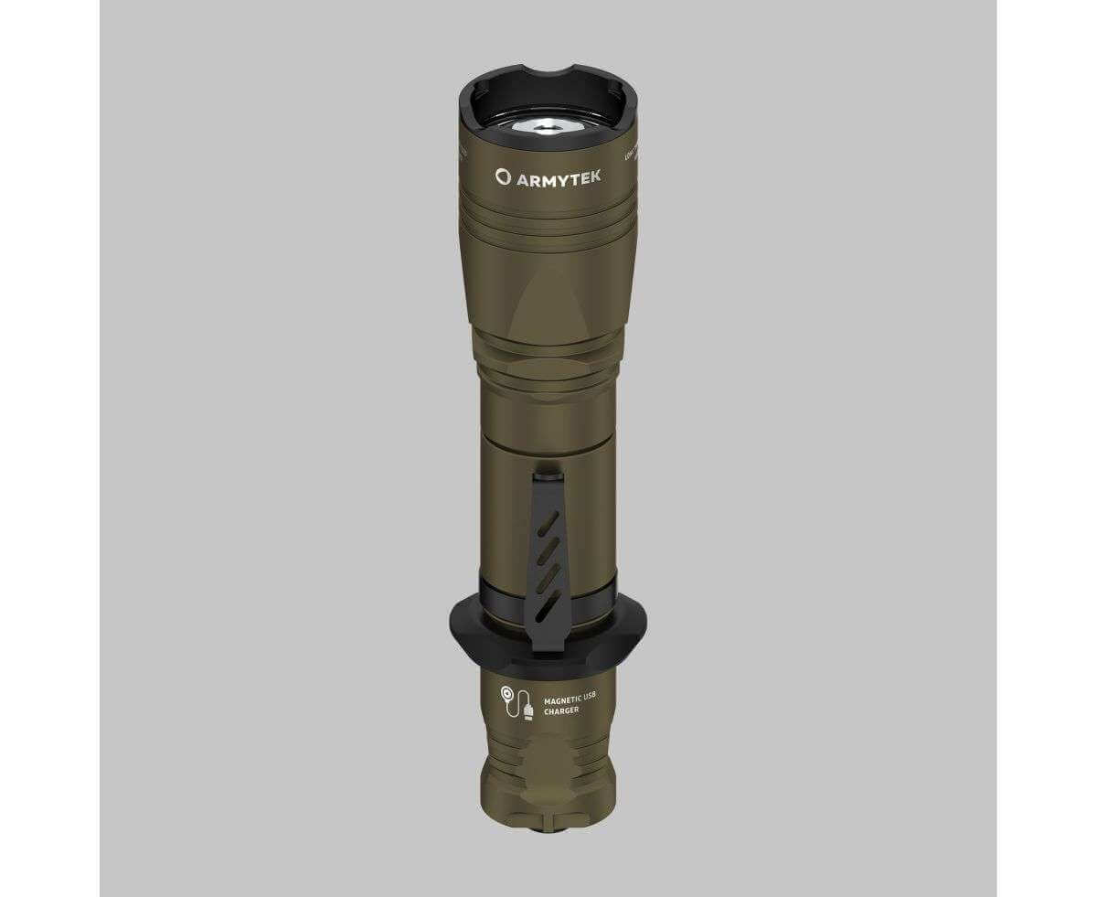 Armytek Dobermann Pro tactical flashlight in black aluminum with magnetic USB charger and battery — view 2