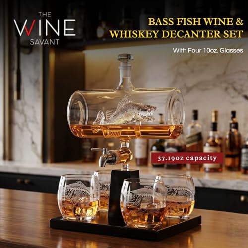 Bass fish shaped whiskey decanter set with mahogany wood stand, spigot, and four etched glasses. — view 2