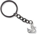Bright yellow rubber ducky charm keychain with sturdy silver metal keyring on a white background