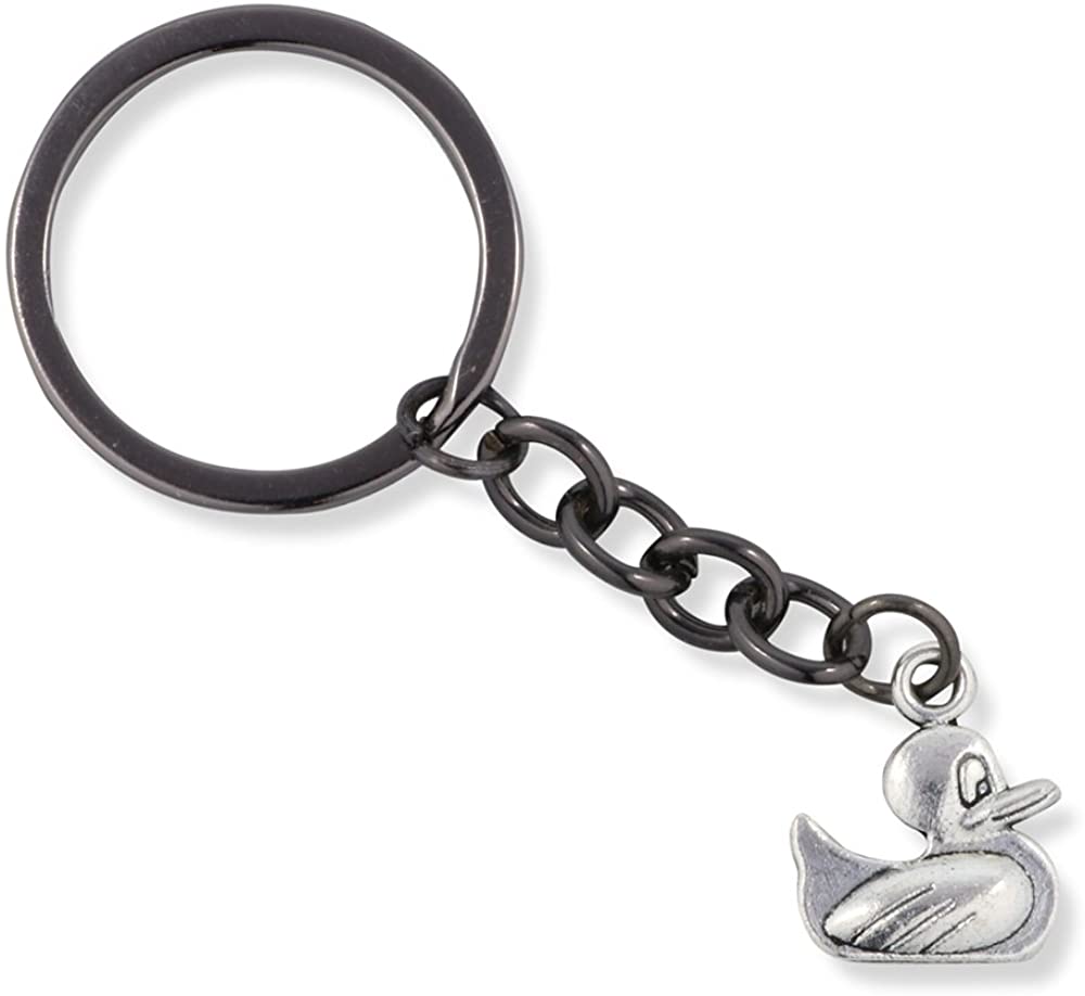 Bright yellow rubber ducky charm keychain with sturdy silver metal keyring on a white background