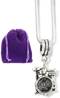 Silver plated drum set charm pendant on a 22 inch stainless steel snake chain necklace