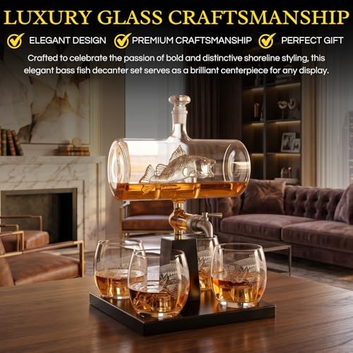 Bass fish shaped whiskey decanter set with mahogany wood stand, spigot, and four etched glasses. — view 3