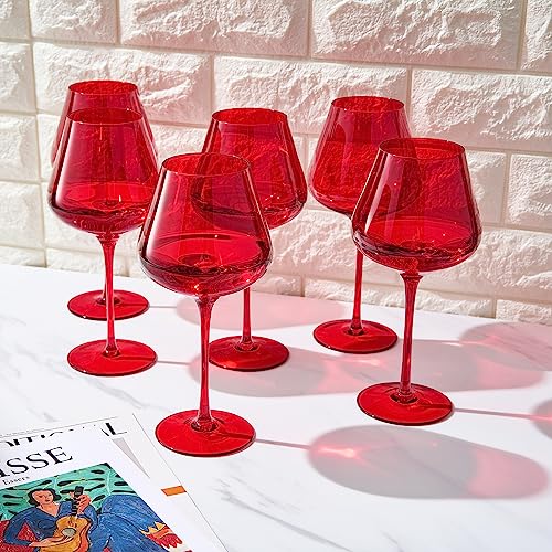 Set of six large bright red crystal wine glasses with tall stems and wide bowls — view 2
