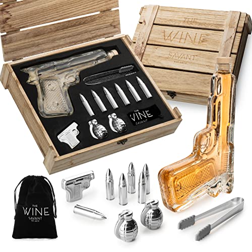 Large glass pistol whiskey decanter with stainless steel bullet stones and wooden army storage crate