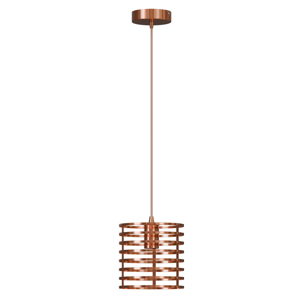 Rose gold pendant light with industrial metal wire cage lampshade and adjustable hanging cable — view 2