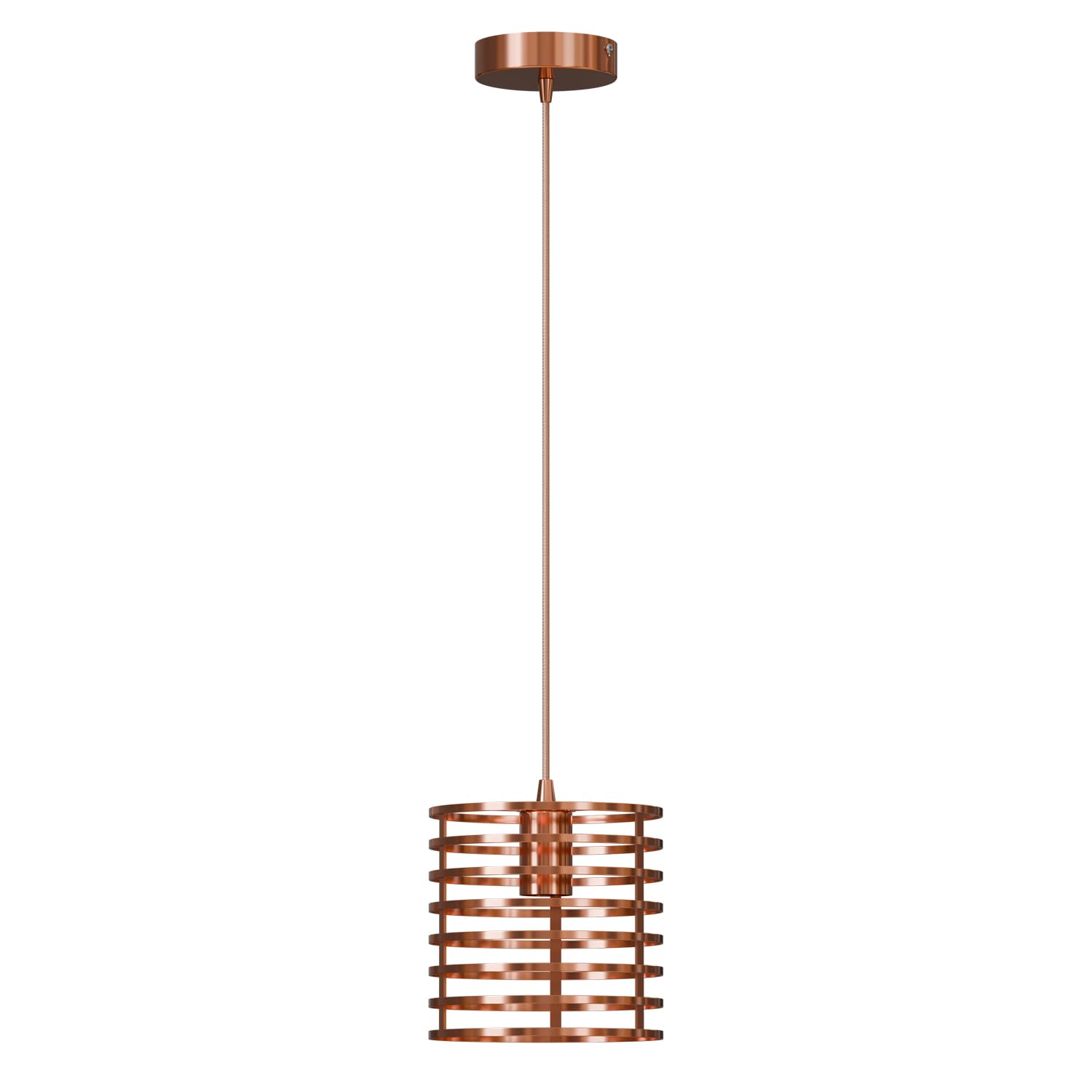 Rose gold pendant light with industrial metal wire cage lampshade and adjustable hanging cable — view 2